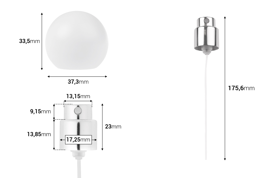 Спрей с бяла матова сферична (голяма) капачка за парфюмни бутилки с 15 мм кримпване за безопасно затваряне-изображение_размери