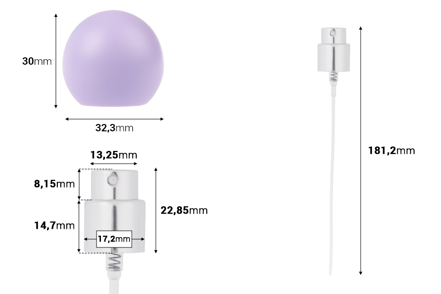 Комплект - алуминиев спрей и лилава сферична капачка (малка) за бутилки с чучур 15/400-изображение_размери