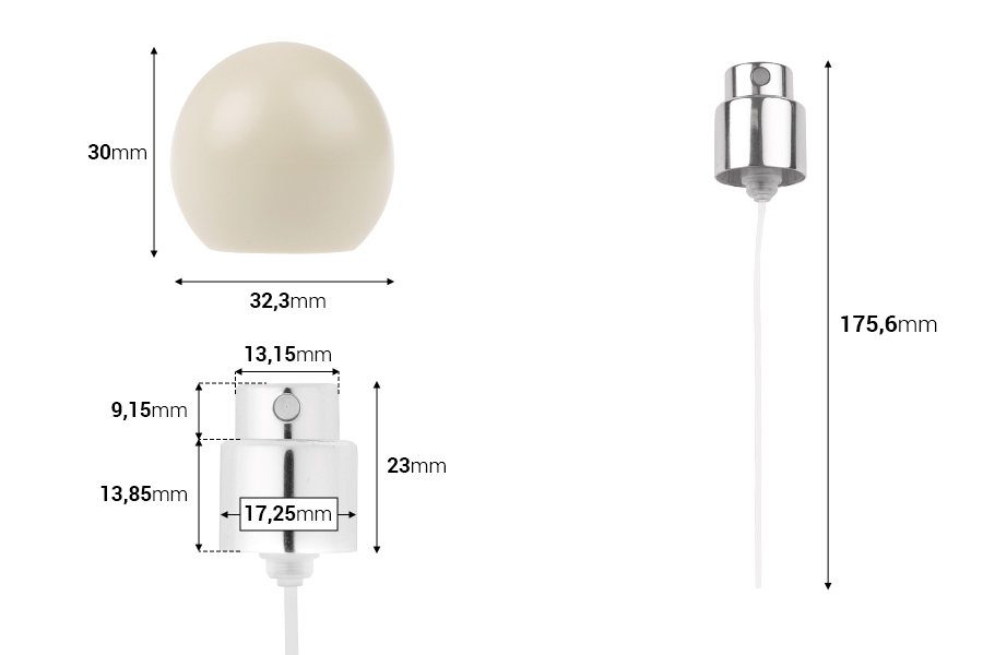 Спрей с бежова матова сферична (малка) капачка за парфюмни бутилки с 15 мм кримпване за безопасно затваряне-изображение_размери