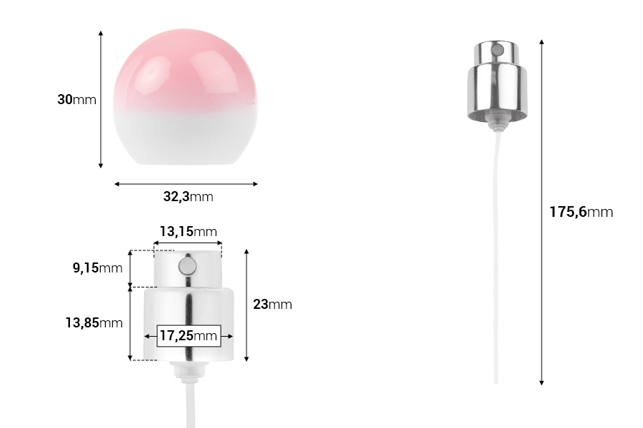 Спрей с розова градиентна сферична (малка) капачка за парфюмни бутилки с 15 мм кримпване за безопасно затваряне-изображение_размери