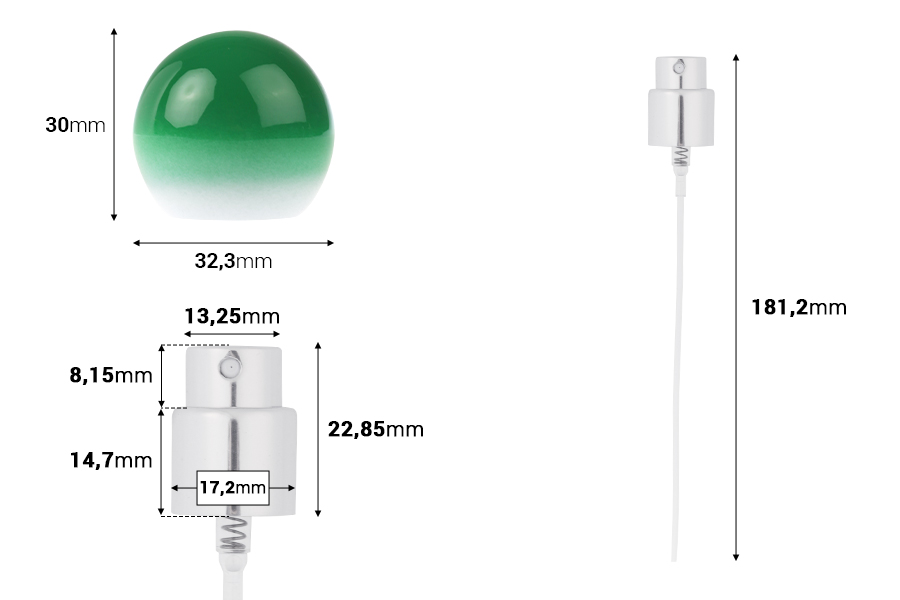 Комплект - алуминиев спрей и зелена сферична капачка (малка) за бутилки с гърловина 15/400-изображение_размери