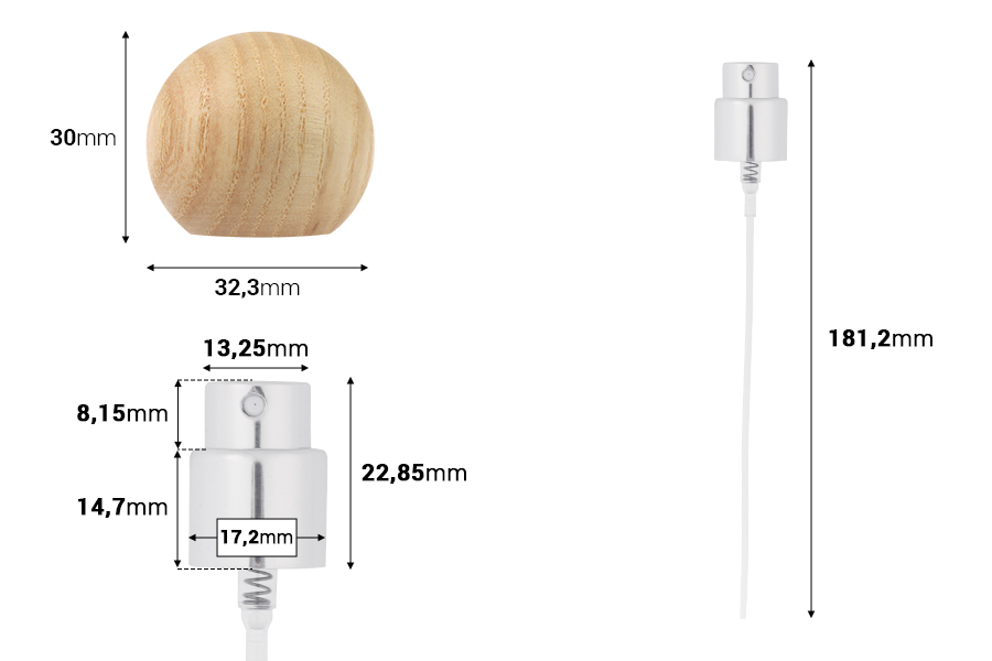 Комплект - алуминиев спрей и дървена капачка (светла) сферични за бутилки с чучур 15/400-изображение_размери