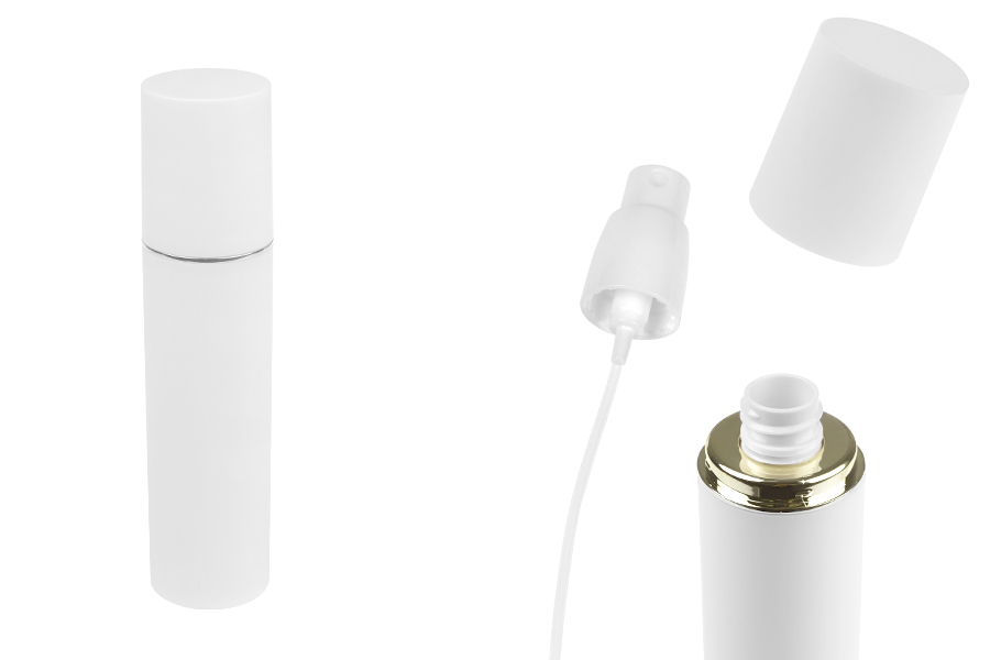 Бутилка от 100 мл в бял МАТОВ цвят със сребърна или златна ивица, със спрей и бяла МАТОВА капачка-изображение_продукт