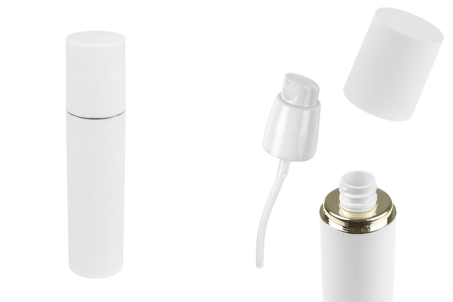 Бутилка 100 мл в бял МАТОВ цвят със сребърна или златна ивица, с помпа за крем и бяла МАТОВА капачка Бутилка 100 мл в бял МАТОВ цвят със сребърна или златна ивица, с помпа за крем и бяла МАТОВА капачка