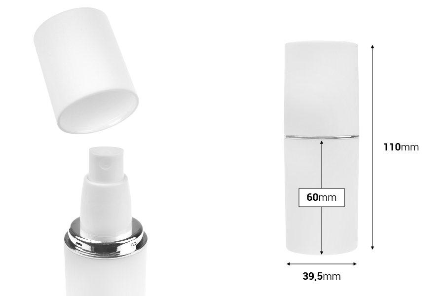 Бутилка от 30 мл в бял МАТОВ цвят със сребърна или златна ивица, със спрей и бяла МАТОВА капачка-изображение_размери