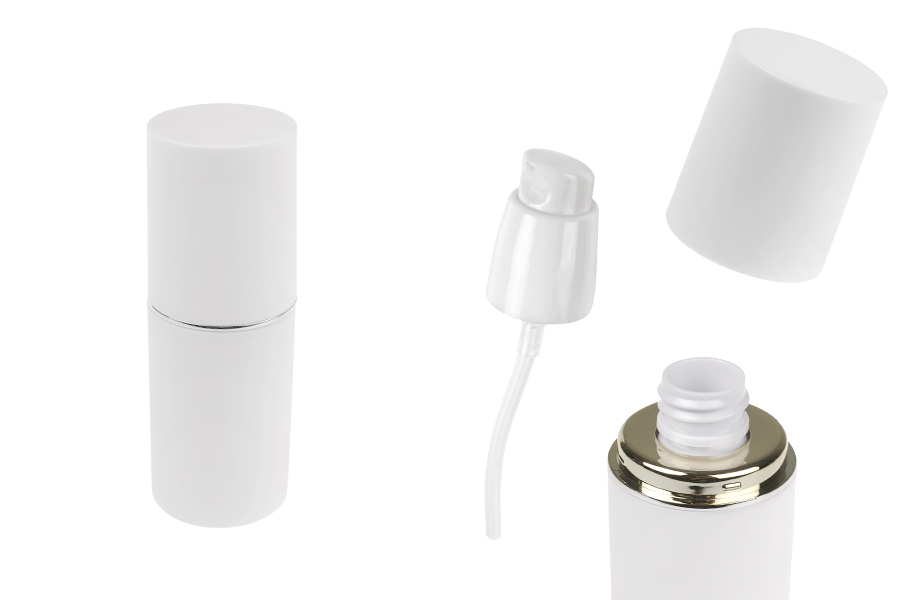 Бутилка 30 мл в бял МАТОВ цвят със сребърна или златна ивица, с помпа за крем  и бяла МАТОВА капачка Бутилка 30 мл в бял МАТОВ цвят със сребърна или златна ивица, с помпа за крем  и бяла МАТОВА капачка