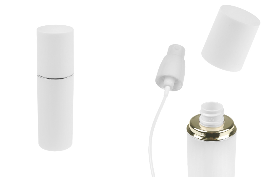 Бутилка от 50 мл в бял МАТОВ цвят със сребърна или златна ивица, със спрей и бяла МАТОВА капачка-изображение_продукт