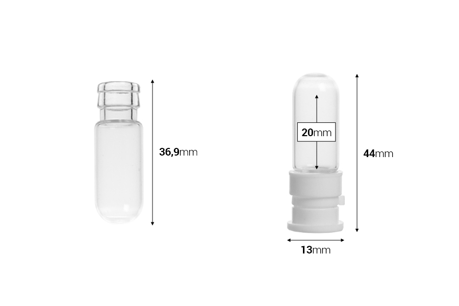 Стъклена фармацевтична бутилка 2 ml, с пластмасова предпазна капачка за вземане на проби, лекарства и хомеопати - 25 бр-изображение_размери
