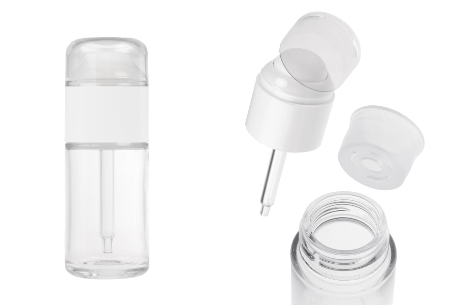 Пластмасова (PETG) бутилка в прозрачен цвят 30 мл с капкомер, прозрачна капачка и отцеждач-изображение_продукт