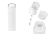 Пластмасова (PETG) бутилка в бял цвят 50 мл с капкомер, прозрачна капачка и отцеждач-изображение_продукт