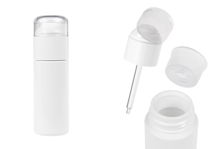 Пластмасова (PETG) бутилка в бял цвят 50 мл с капкомер, прозрачна капачка и отцеждач-изображение_продукт
