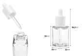 Пластмасова (PETG) прозрачна бутилка от 30 мл с квадратна форма с бял капкомер и отцеждач-изображение_размери
