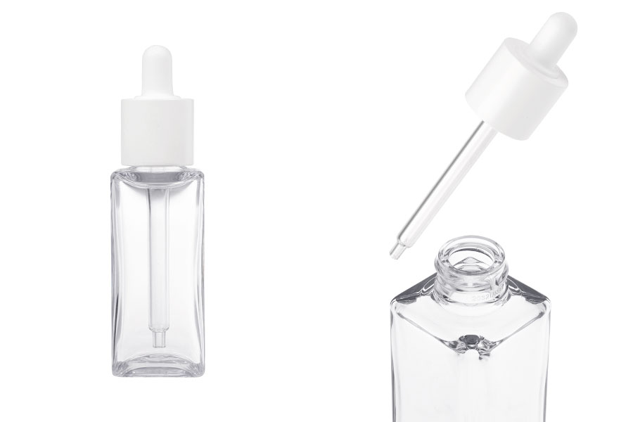 Пластмасова (PETG) прозрачна квадратна бутилка от 50 мл с бял капкомер и отцеждач-изображение_продукт