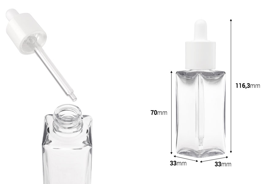 Пластмасова (PETG) прозрачна квадратна бутилка от 50 мл с бял капкомер и отцеждач-изображение_размери