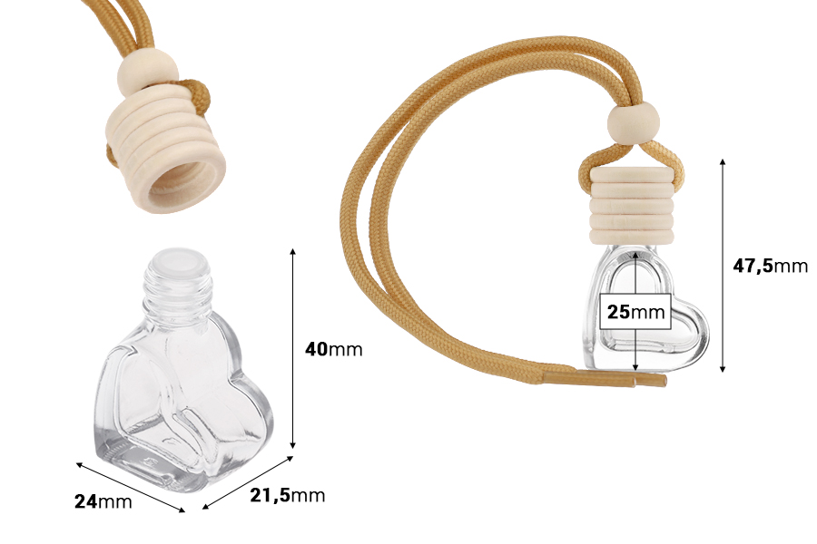 Бутилка за парфюм за колата 4 мл   във формата на сърце с дървена капачка, 25 броя в опаковка-изображение_размери