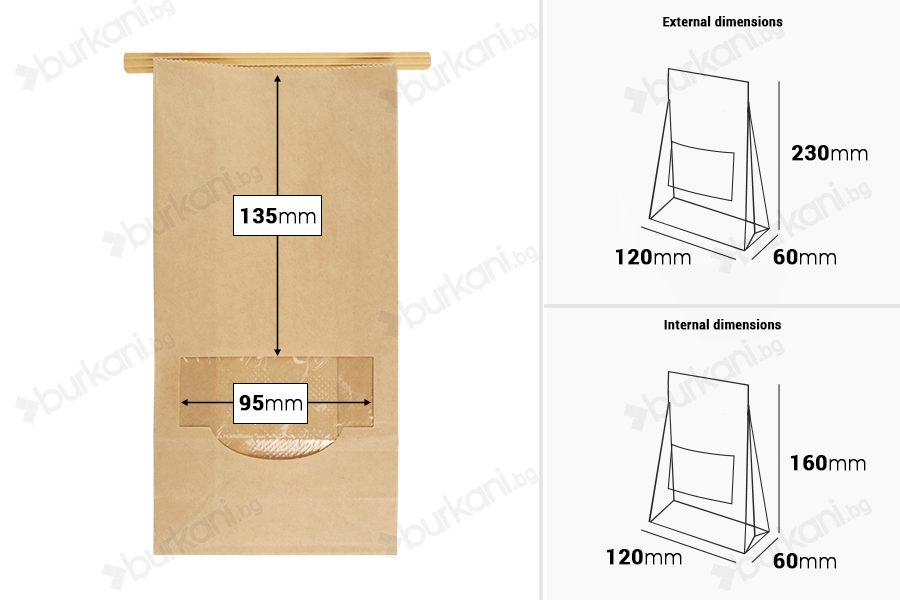 Крафт торбичка с размери 120x60x230 mm с прозорец и тел за запечатване (tin-tie)-изображение_размери
