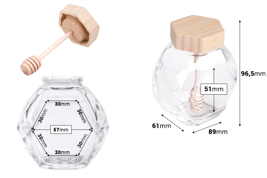 Стъклен буркан за мед с дървена тапа и лъжичка за мед Стъклен буркан за мед с дървена тапа и лъжичка за мед-изображение_размери