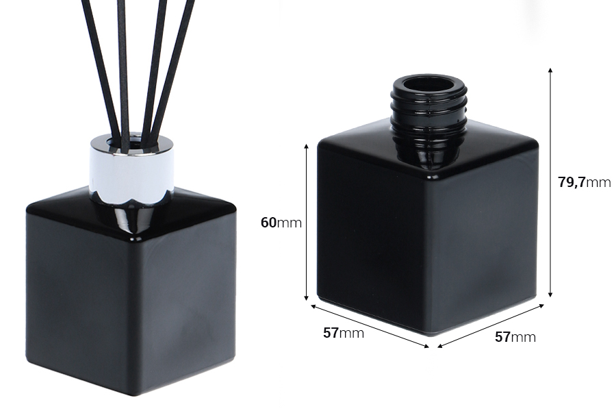 Стъклена бутилка 100 мл (PP28) квадратна, подходяща за ароматизиране на стая, в различни цветове-изображение_размери