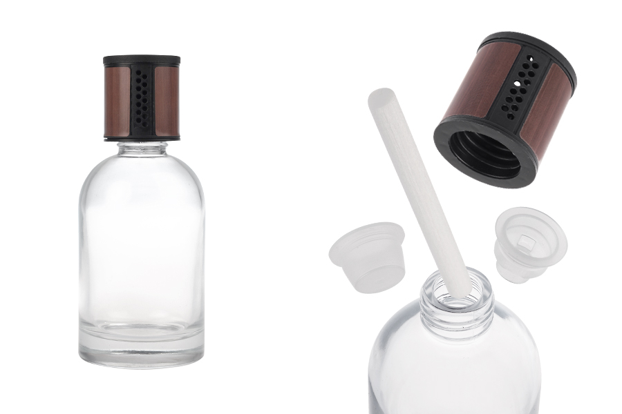 Прозрачна стъклена бутилка 200 мл - ароматизатор за кола с кафява/черна капачка, тапа  и памучен стик-изображение_продукт