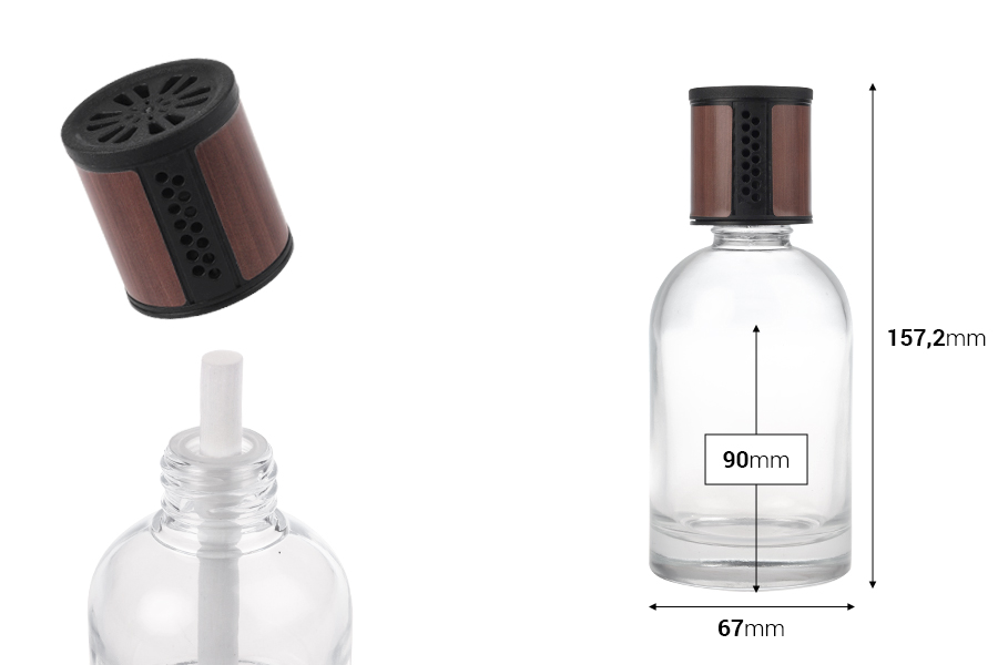 Прозрачна стъклена бутилка 200 мл - ароматизатор за кола с кафява/черна капачка, тапа  и памучен стик-изображение_размери
