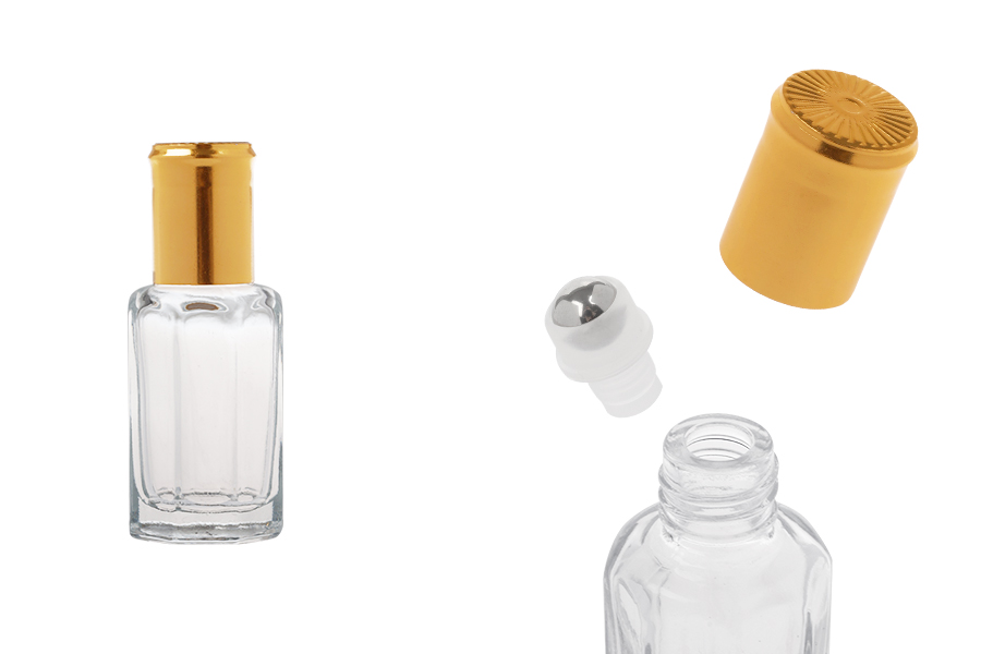 Стъклена шестоъгълна бутилка рол-он 10 мл с метално топче и златиста капачка-изображение_продукт