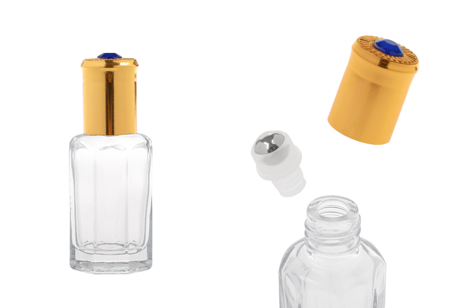 Стъклена прозрачна шестоъгълна бутилка рол-он 10 мл п с метално топче и златиста капачка с декоративен камък-изображение_продукт