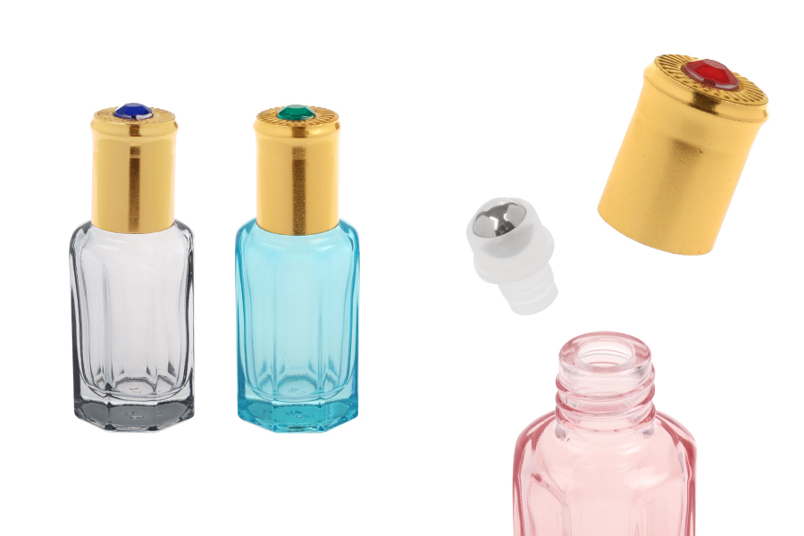 Стъклена шестоъгълна бутилка рол-он 10 мл с метално топче и златиста капачка с декоративен камък-изображение_продукт