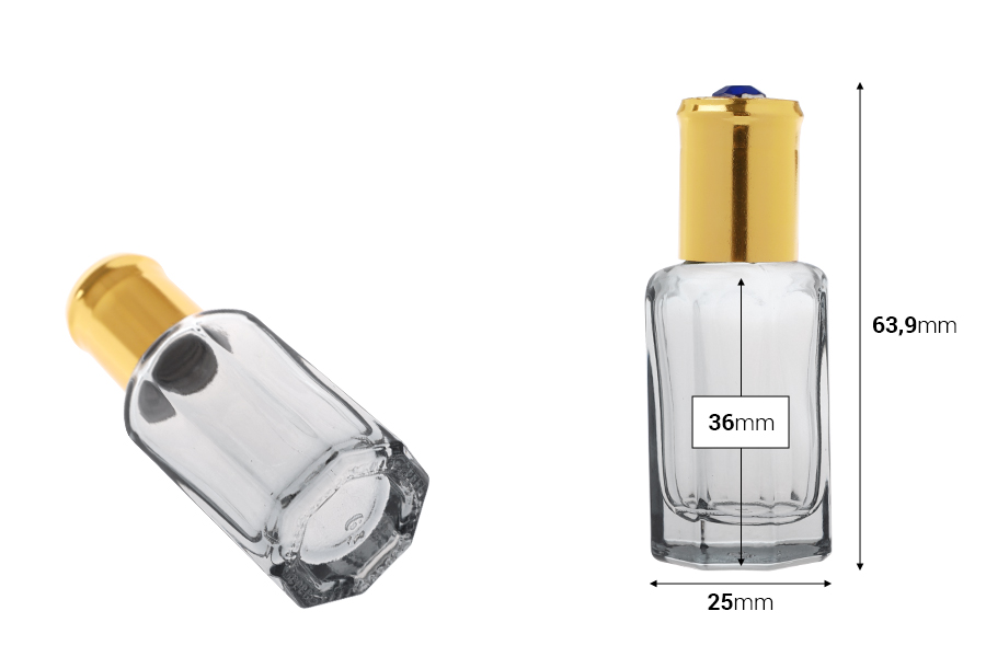Стъклена шестоъгълна бутилка рол-он 10 мл с метално топче и златиста капачка с декоративен камък-изображение_размери