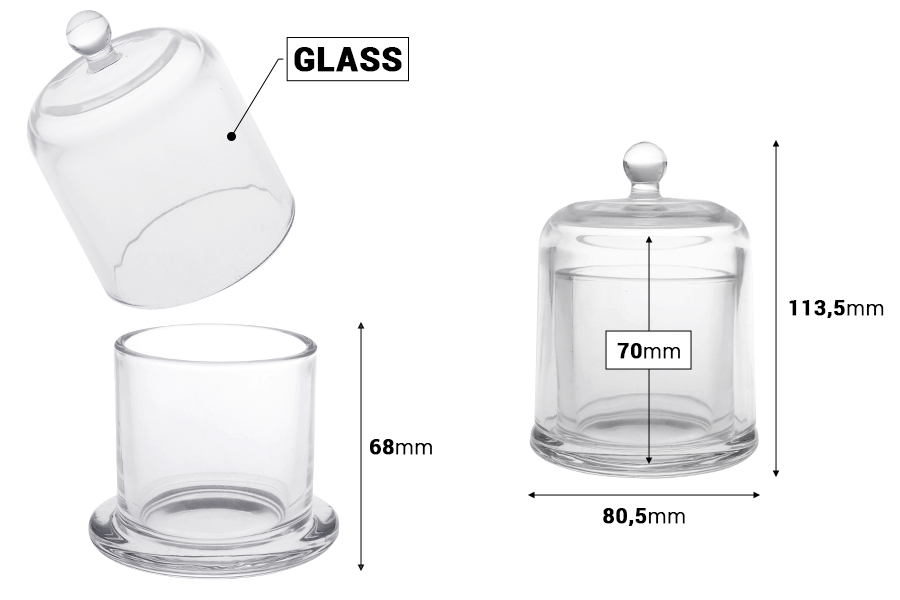 Декоративен стъклен съд (камбана) 120 мл с капачка -изображение_размери