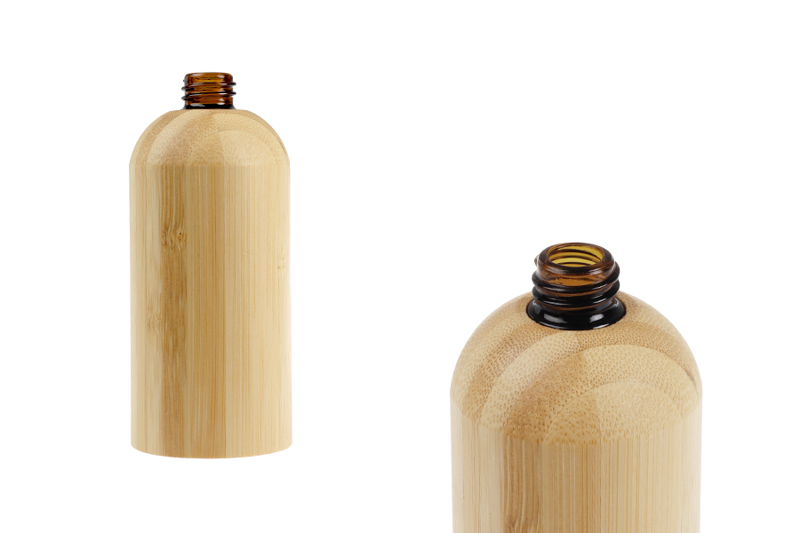 Стъклена бутилка за етерични масла 100 мл с гърловина  PP18 и бамбуково покритие-изображение_продукт