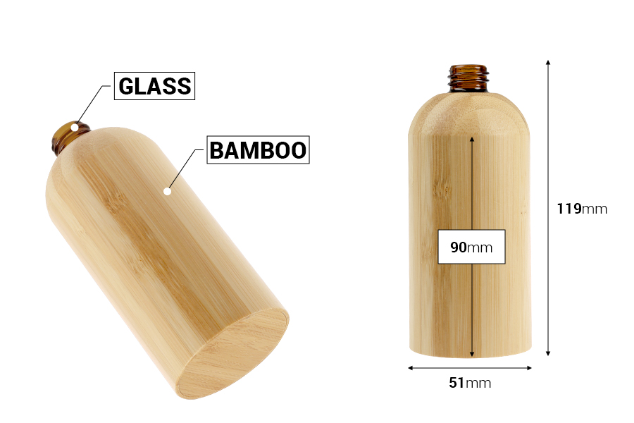 Стъклена бутилка за етерични масла 100 мл с гърловина  PP18 и бамбуково покритие-изображение_размери