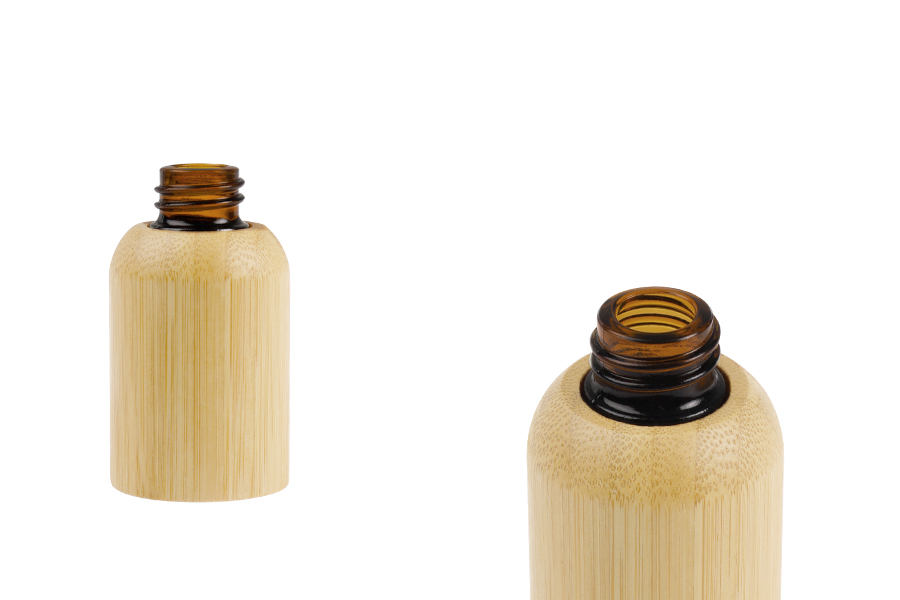 Стъклена бутилка за етерични масла 10 мл с гърловина  PP18 и бамбуково покритие-изображение_продукт