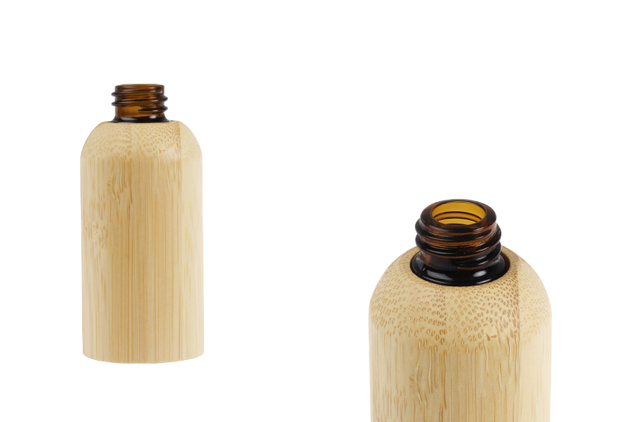 Стъклена бутилка за етерични масла 30 мл с гърловина  PP18 и бамбуково покритие-изображение_продукт