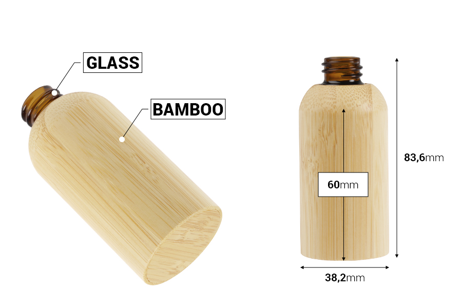 Стъклена бутилка за етерични масла 30 мл с гърловина  PP18 и бамбуково покритие-изображение_размери
