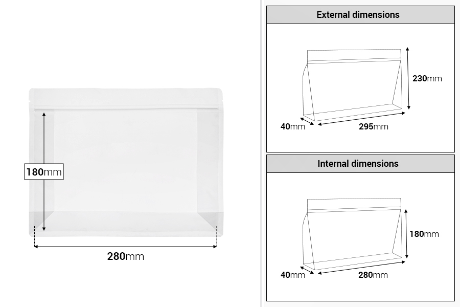 Полупрозрачни торбички Doy Pack 295x40x230 мм с цип и термозапечатване - 50 бр.-изображение_размери