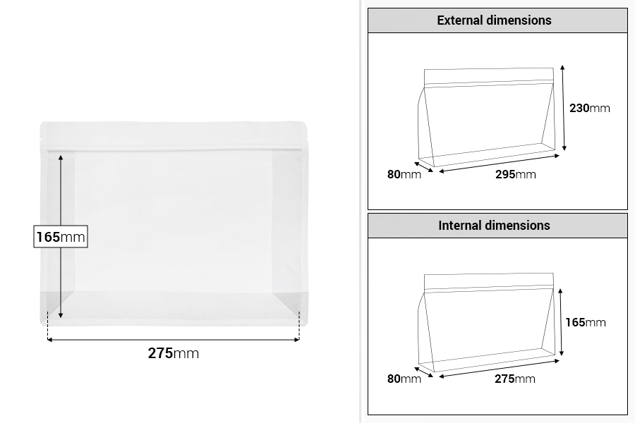 Полупрозрачни торбички Doy Pack 295x40x230 мм с цип и термозапечатване - 50 бр.-изображение_размери