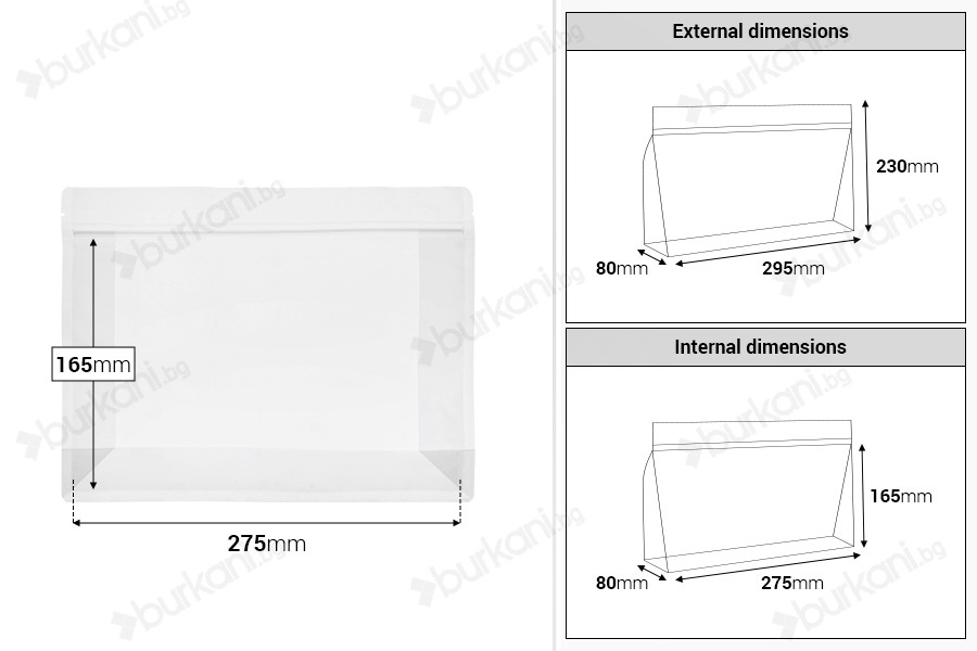 Полупрозрачни торбички Doy Pack 295x40x230 мм с цип и термозапечатване - 50 бр.-изображение_размери
