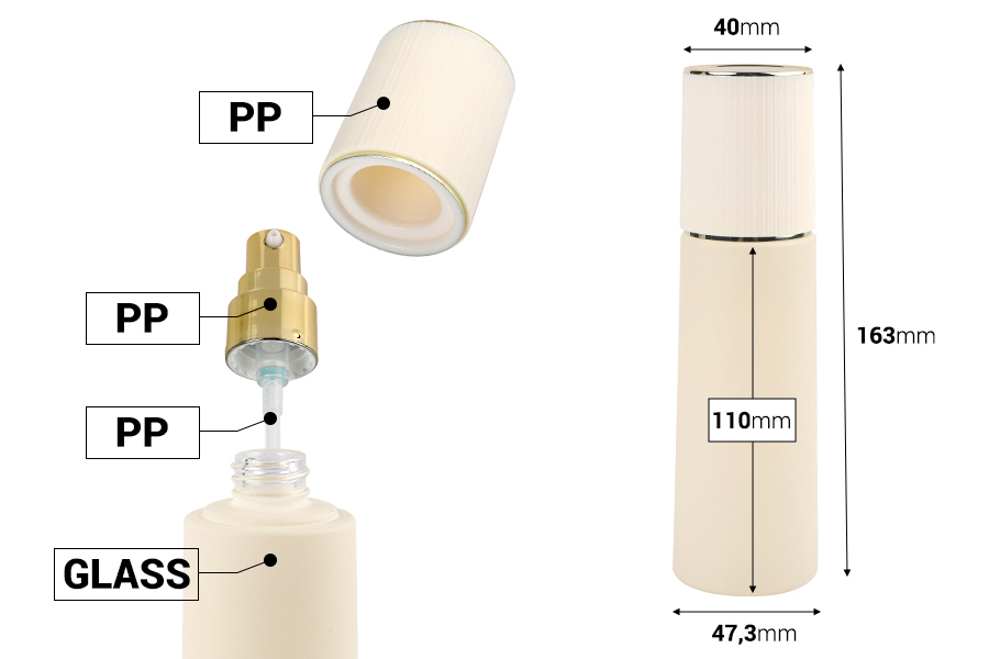 Стъклена бежева матирана бутилка 100 мл  с капачка и златиста лосион помпа-изображение_размери