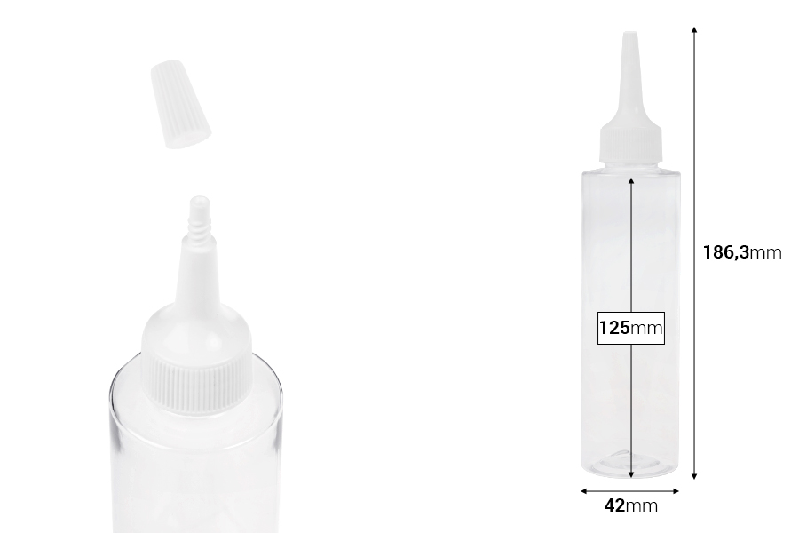 Пластмасова (PET) прозрачна бутилка от 150 мл с "нос" и бяла винтова капачка-изображение_размери