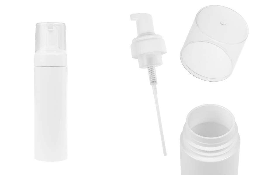 Пластмасова (PET) бяла бутилка 200 мл с бяла помпа за пяна и капачка-изображение_продукт