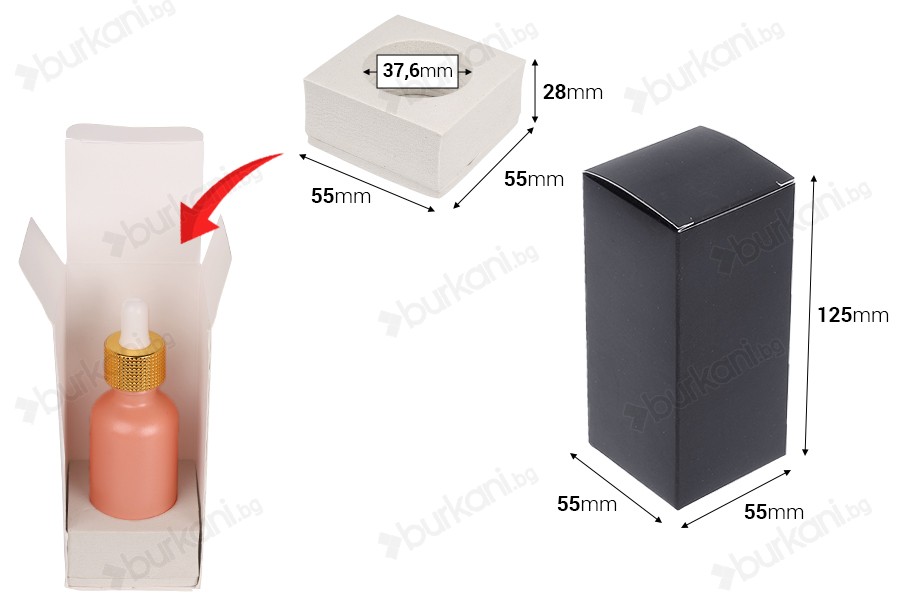 Опаковъчна кутия от черна матова хартия 55x55x125 mm с вътрешен джоб за бутилки с етерично масло 50 ml - 20 бр.-изображение_размери
