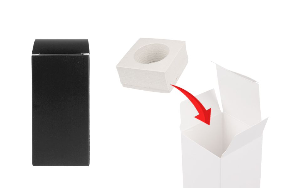 Опаковъчна кутия от бяла матирана хартия 50x50x110 mm с вътрешен джоб за бутилки с етерично масло 30 ml - 20 бр.-изображение_продукт