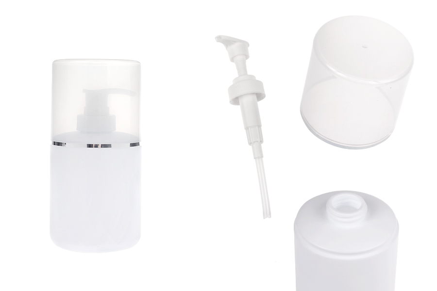 Пластмасова (HDPE) бяла бутилка 300 мл с помпа за крем и прозрачна капачка със сребриста лента-изображение_продукт