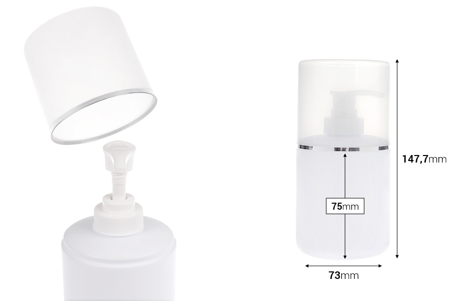 Пластмасова (HDPE) бяла бутилка 300 мл с помпа за крем и прозрачна капачка със сребриста лента-изображение_размери