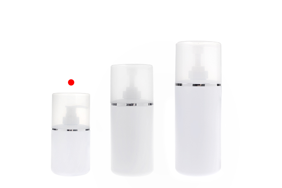 Пластмасова (HDPE) бяла бутилка 300 мл с помпа за крем и прозрачна капачка със сребриста лента-изображение_група