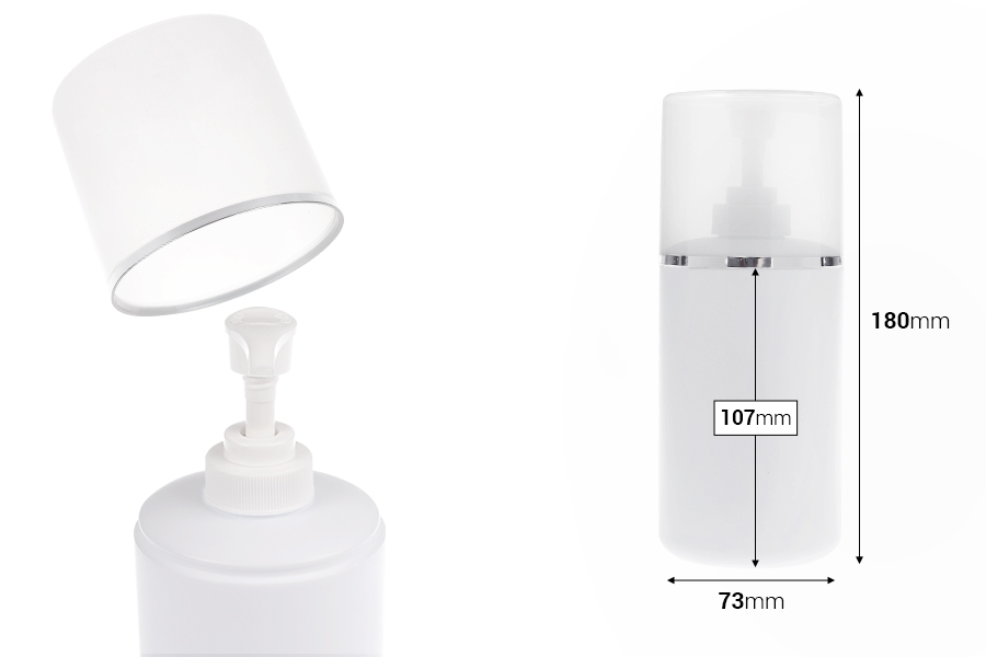 Пластмасова (HDPE) бяла бутилка 400 мл с помпа за крем и прозрачна капачка със сребриста лента-изображение_размери