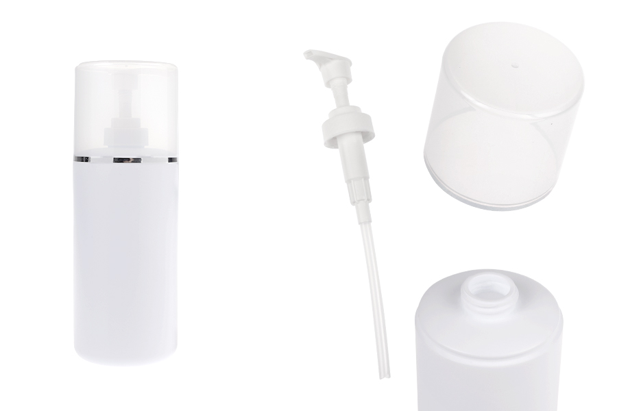 Пластмасова (HDPE) бяла бутилка 500 мл с помпа за крем и прозрачна капачка със сребриста лента-изображение_продукт