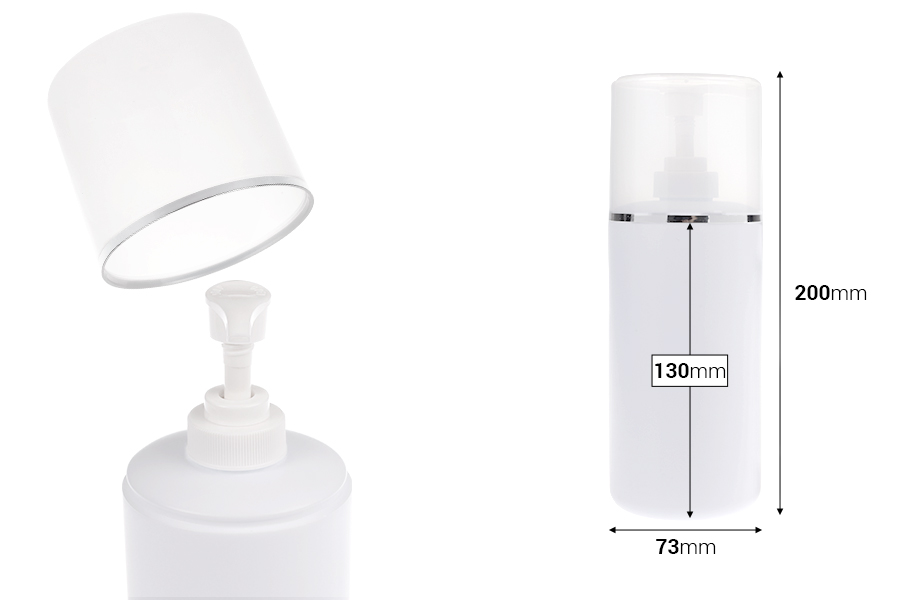 Пластмасова (HDPE) бяла бутилка 500 мл с помпа за крем и прозрачна капачка със сребриста лента-изображение_размери