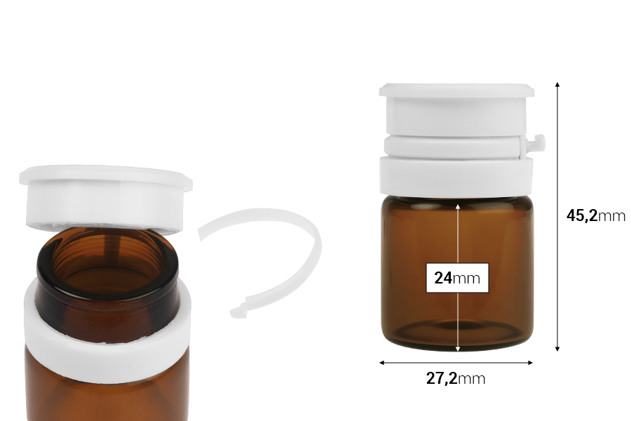 Стъклено бурканче 10 мл (прозрачно или карамелено) с бяла пластмасова предпазна капачка ( PP24) за лекарства и хомеопатични продукти-изображение_размери