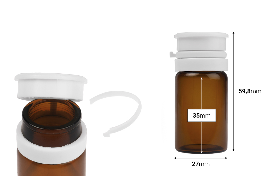 Стъклено бурканче 15 мл (прозрачен или карамелен цвят) с бяла предпазна капачка (PP24) за лекарства и хомеопатични продукти-изображение_размери